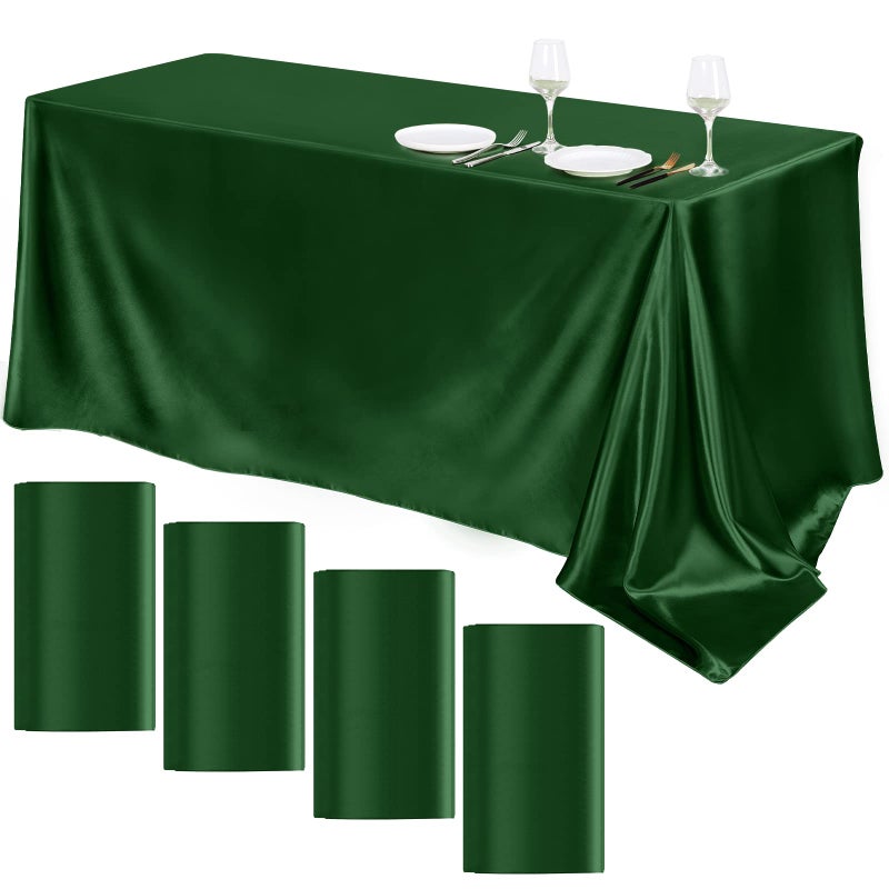 TURSTIN 4 Packs Satin Tablecloth 102 x 58 Inch Overlay Satin Table Cover Rectangle Bright Silk Tablecloth Smooth Fabric Table Decoration for Wedding Banquet Party Events  Dark Green - Image 1